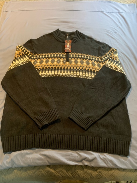 Izod Other - Izod Black Zip Mock Sweater with Mustard and Cream Fair Isle